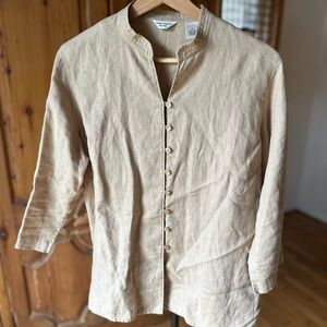Laura Ashley PL Beige Linen Button Front Collarless Top Mid Length Sleeves B7